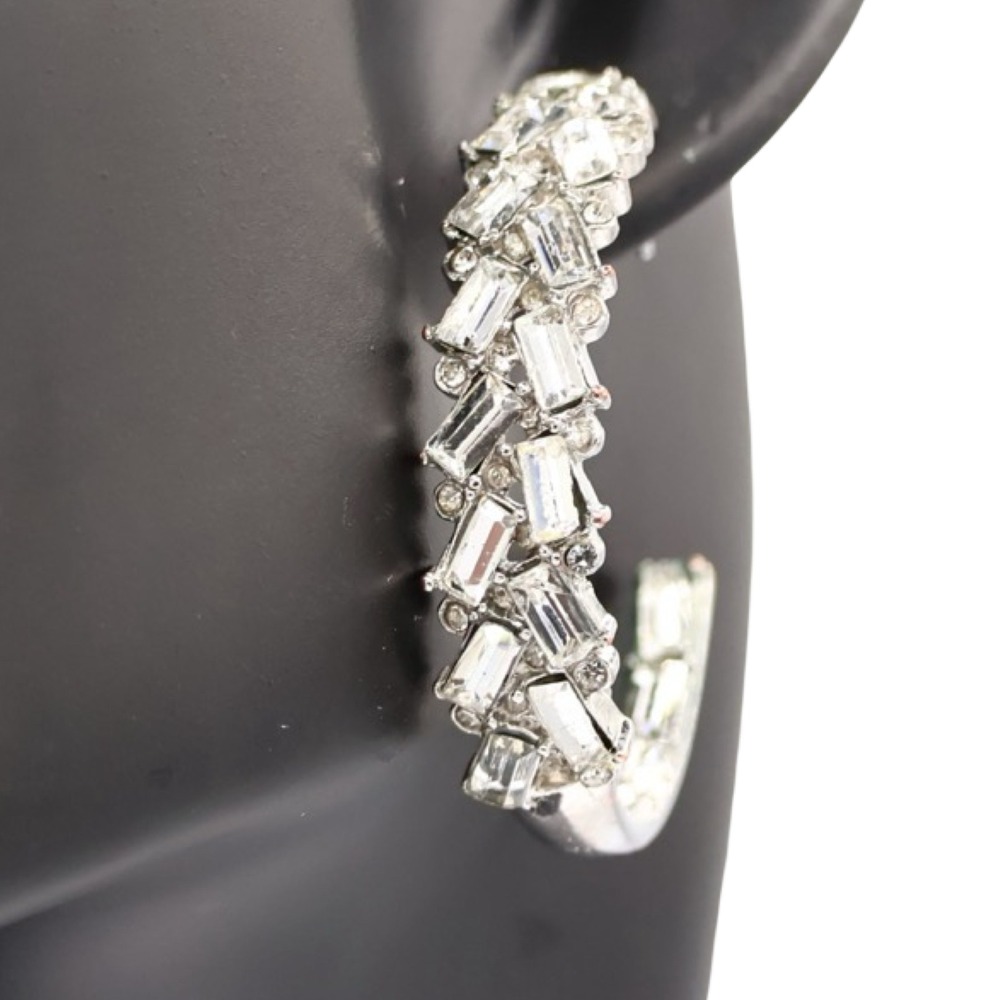 Kenneth Jay Lane Rhodium Crystal Front Hoop Earrings Silver Post Back